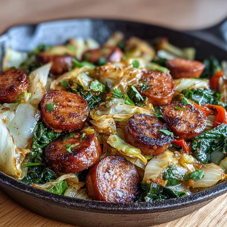 Savory Smothered Cabbage With Sausage Skillet served hot alongside crusty bread for a comforting meal.