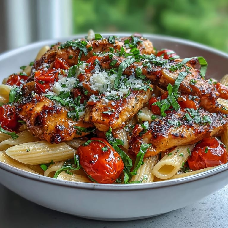 Close-up of Bruschetta Chicken Pasta with fork-twisted penne, fresh basil ribbons, and tender chicken, highlighting the saucy tomato and mozzarella texture.