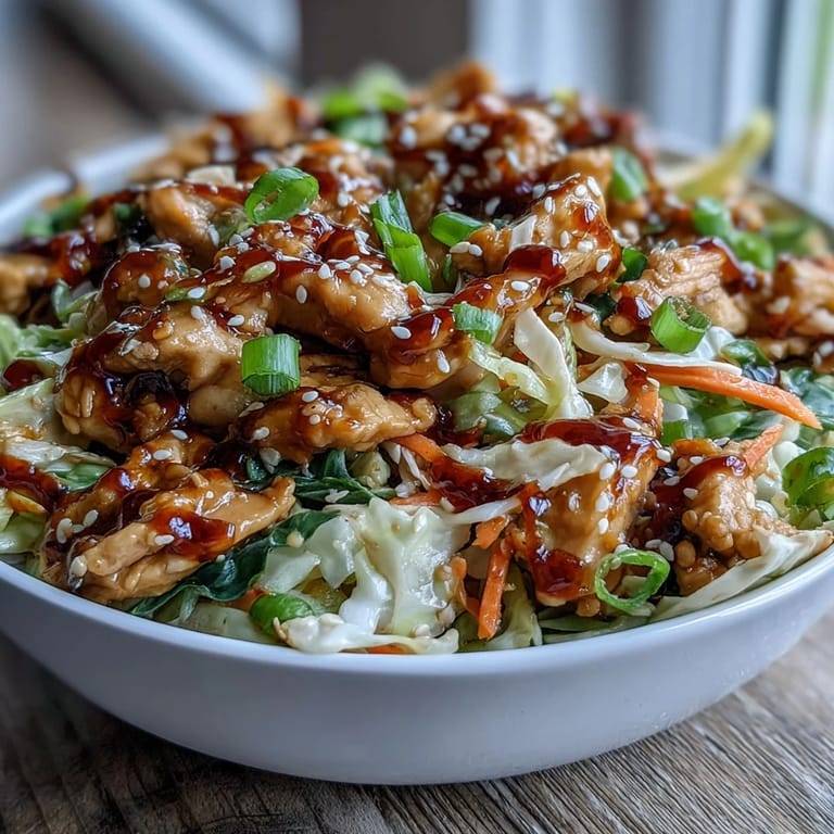 Dinner is served: low-carb Egg Roll Bowls with Chicken and Cabbage topped with spicy chili crisp, ready to eat.