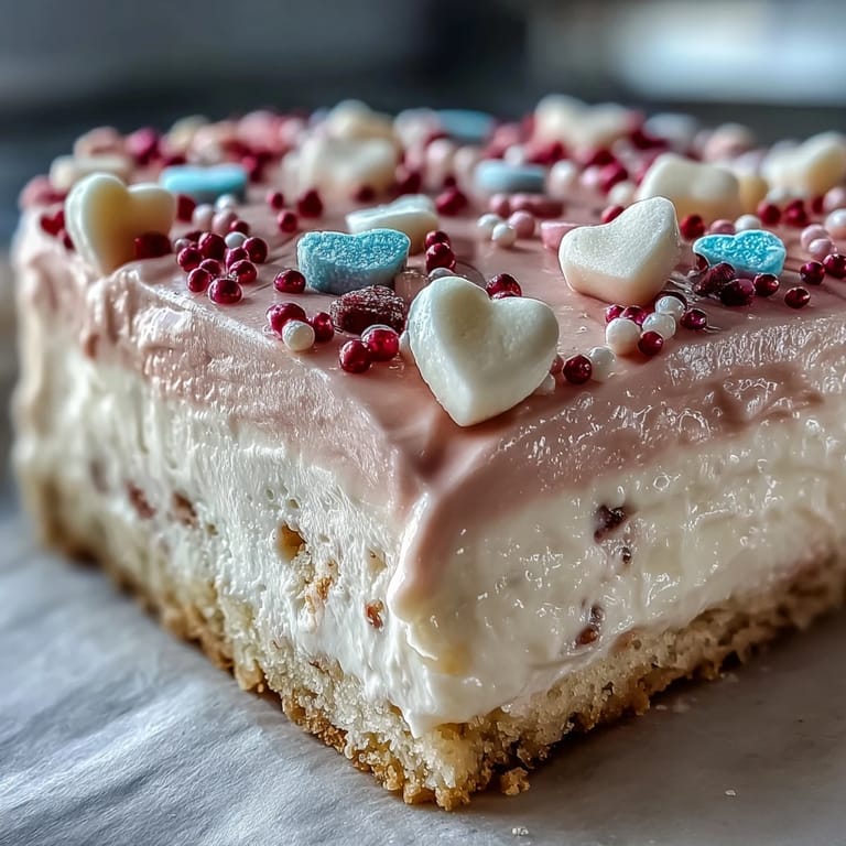 Pastel candy hearts and rainbow sprinkles add a playful, crunchy finish to each slice.