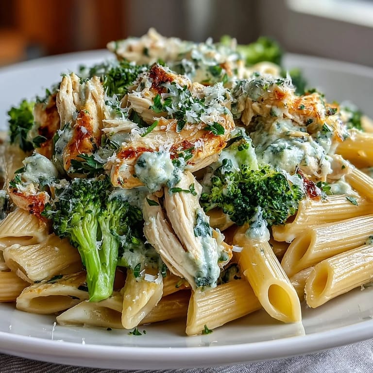 Garlic and lemon-scented High Protein Rotisserie Chicken Broccoli Pasta served in a bowl with a spoon ready to eat.