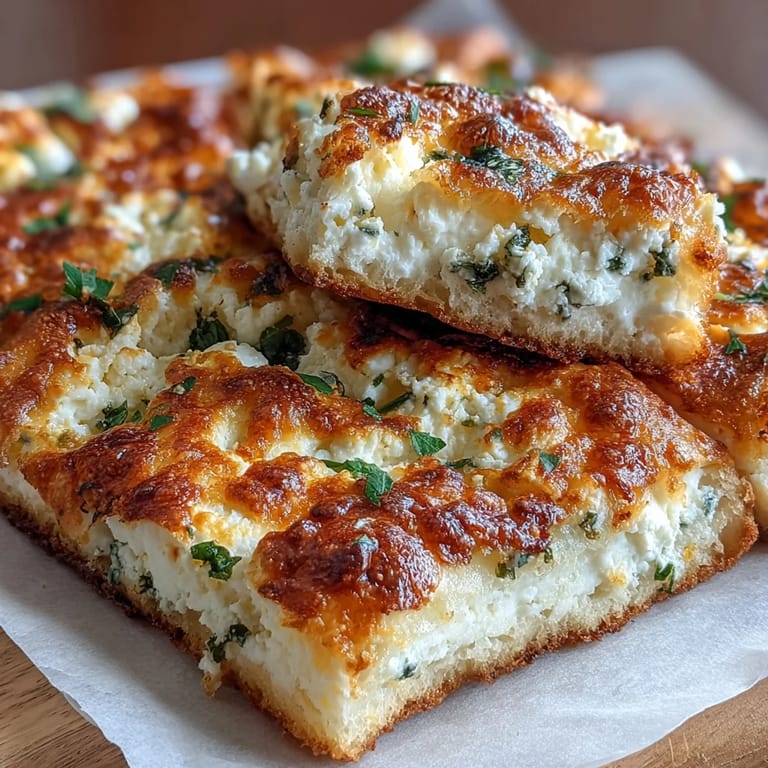 Soft, bubbly Fluffy Cottage Cheese Flatbread on a rustic board with fresh herbs and a side of dip.
