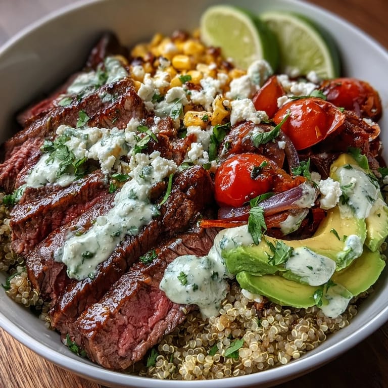 A creamy green cilantro sauce drizzles over the Steak, Avocado, and Roasted Corn Bowl garnished with lime wedges.