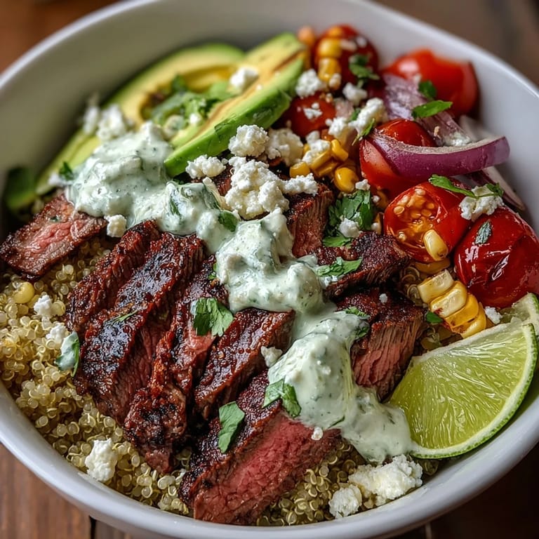 Spoonful of the Steak, Avocado, and Roasted Corn Bowl featuring cherry tomatoes, red onion, and cilantro over quinoa.