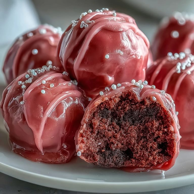 Close up view of Oreo Truffle Balls with Pink Candy Coating showing a snap of the rich center.