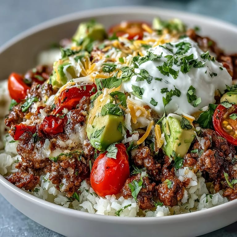A vibrant Low Carb Burrito Bowl featuring seasoned beef, crisp romaine, cheddar, and a lime wedge for a bright squeeze.
