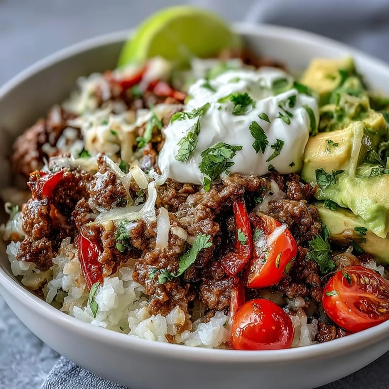 Juicy seasoned beef and cauliflower rice make up this hearty Low Carb Burrito Bowl, topped with avocado and cilantro.