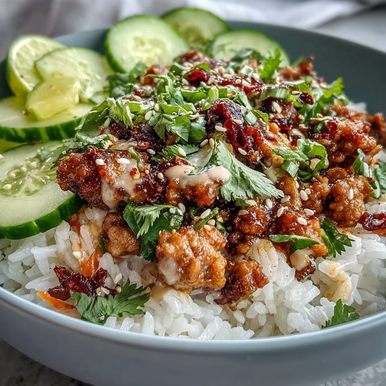 Bang Bang Ground Turkey Rice Bowls topped with crunchy carrots, cucumbers, and cabbage, drizzled with tangy chili mayo sauce.