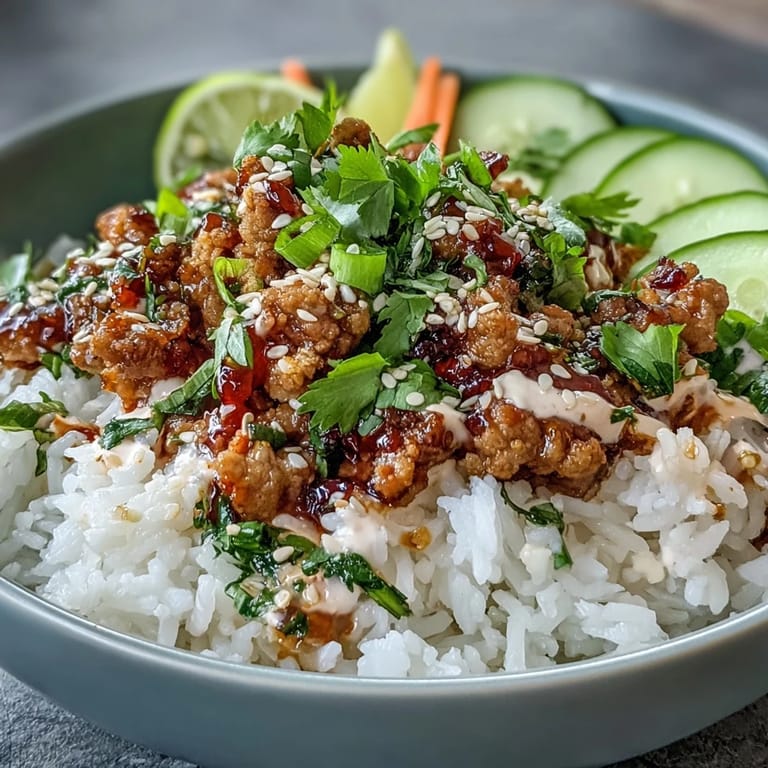 Ground turkey in sweet-spicy sauce served over fluffy rice with sesame-scallion crunch and fresh lime wedges on the side.