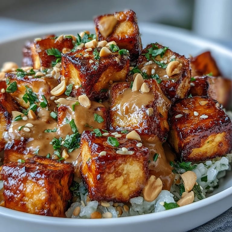 2. Wholesome Peanut Tofu Power Bowl featuring fluffy quinoa, crunchy vegetables, and rich, nutty peanut dressing.  