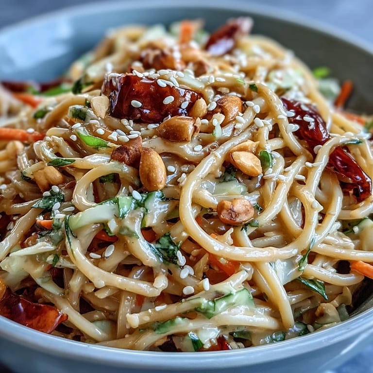 Vibrant Asian peanut noodle bowl with crunchy veggies, creamy dressing, and a sprinkle of roasted peanuts for texture.
