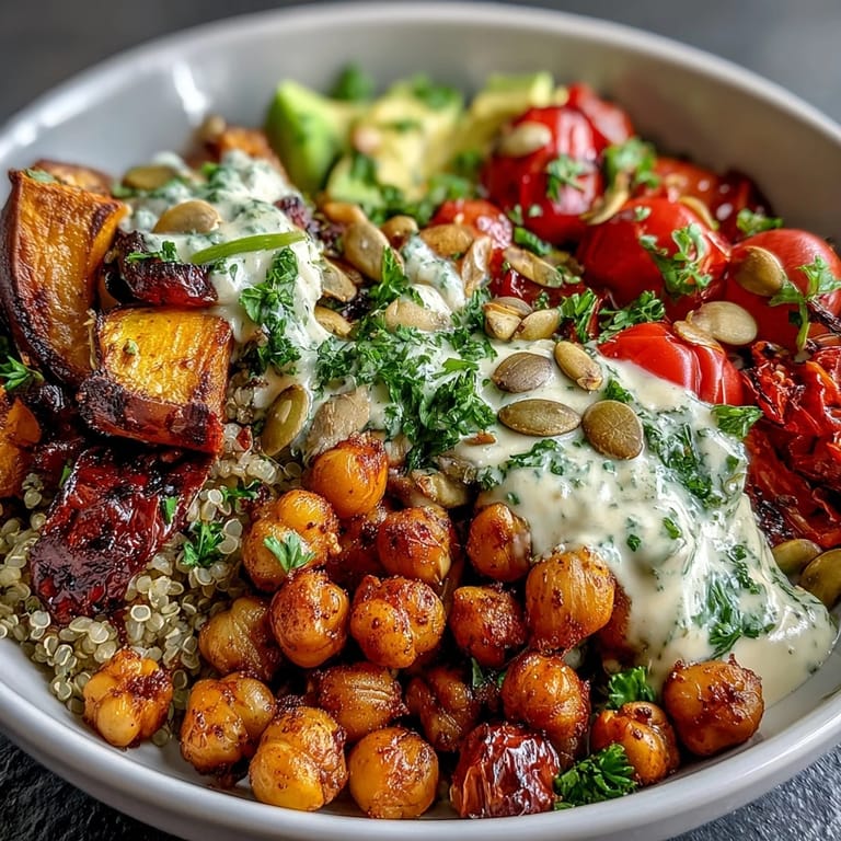 Protein-packed Chickpea Power Bowl with crispy chickpeas, colorful vegetables, and tahini sauce served over fluffy brown rice.
