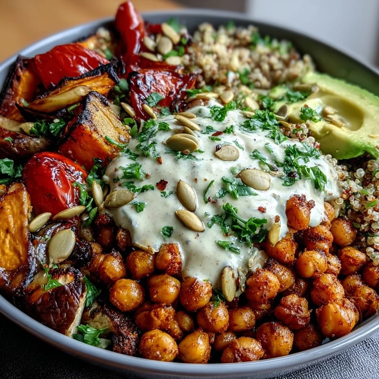 Wholesome Chickpea Power Bowl featuring quinoa, roasted sweet potatoes, avocado, and fresh herbs drizzled with lemon tahini dressing.  