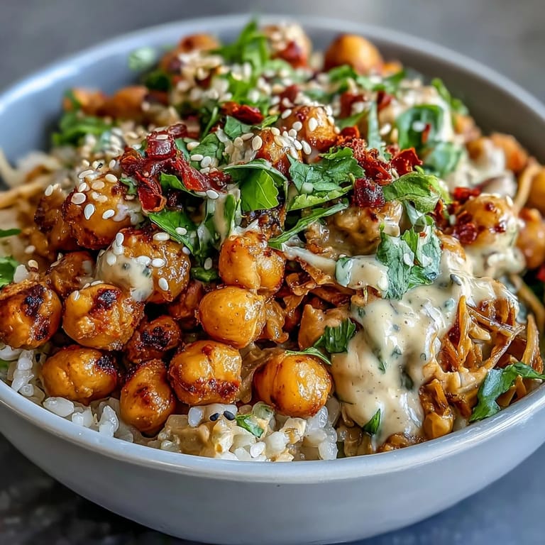 Delicious Peanut Chickpea Protein Bowl featuring crispy chickpeas, fluffy grains, and rich peanut sauce for a nourishing meal.