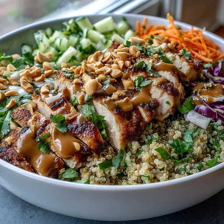 Tender baked chicken served over hearty grains, crisp vegetables, and a rich peanut sauce in this colorful, protein-packed power bowl perfect for lunch or dinner.