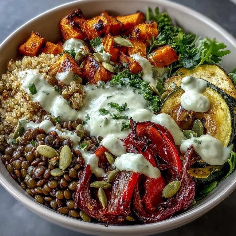 Hearty lentil power bowl featuring caramelized sweet potatoes, bell peppers, and zucchini, drizzled with zesty tahini sauce.