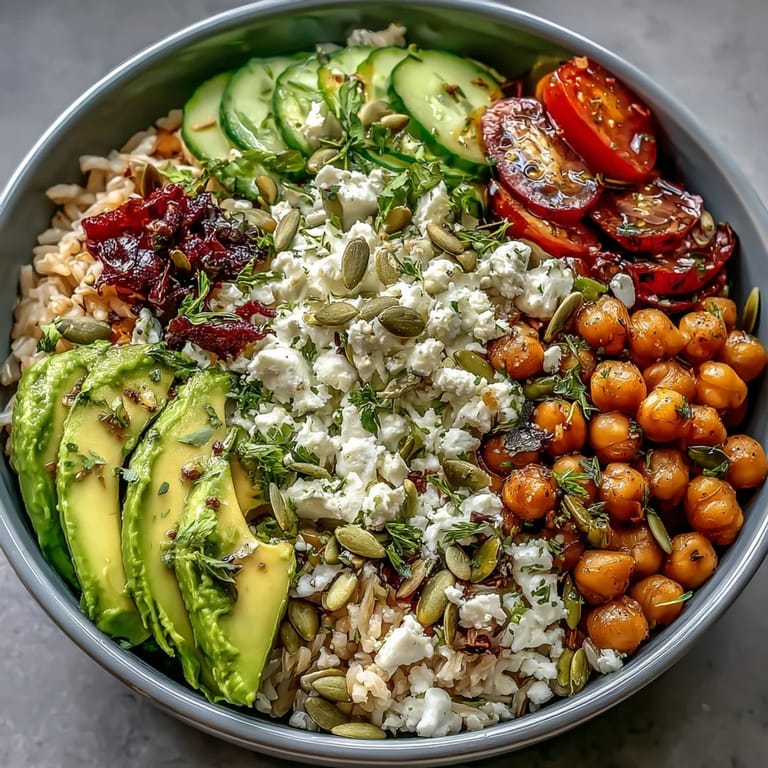 Vibrant grain bowl layered with quinoa, grilled chicken, and colorful vegetables, drizzled with zesty lemon dressing and sprinkled with pumpkin seeds.