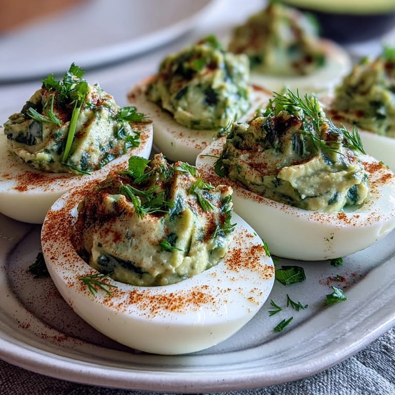 Creamy green avocado deviled eggs topped with chives, ideal for spring entertaining and parties.