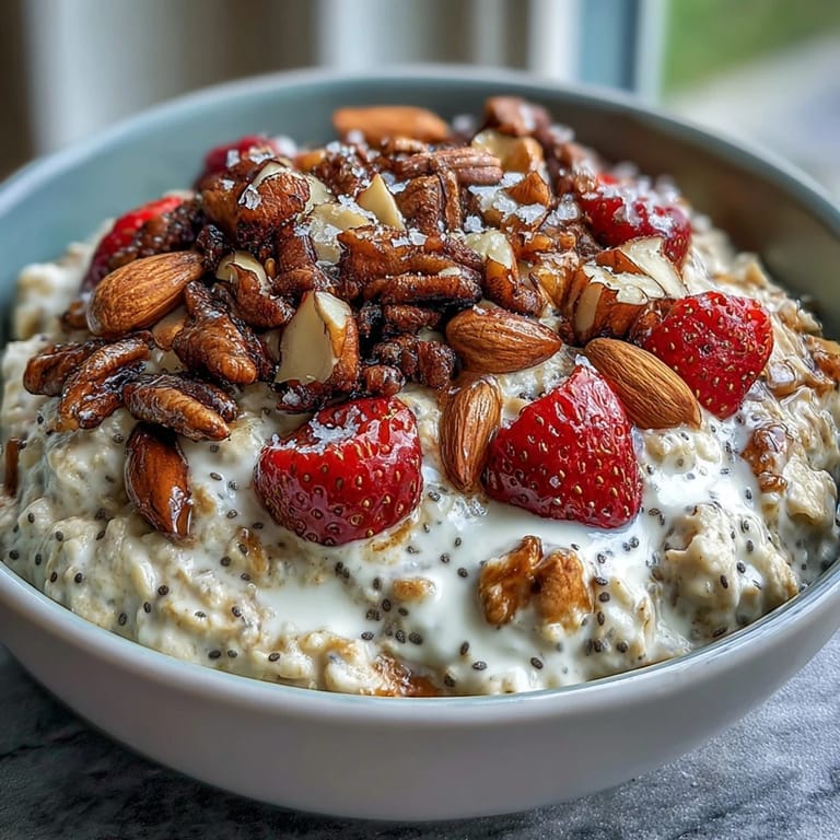 Creamy overnight oats with strawberries and chia seeds, a nutritious and refreshing breakfast in a mason jar.