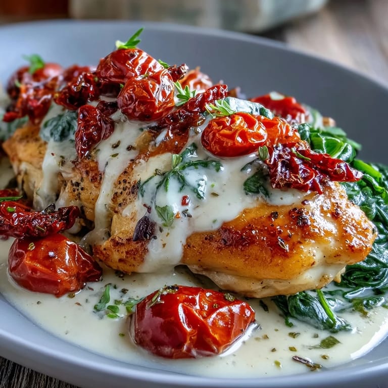 A one-pan Creamy Tuscan Chicken Skillet featuring golden seared chicken in a luscious sauce with Parmesan and sun-dried tomatoes.