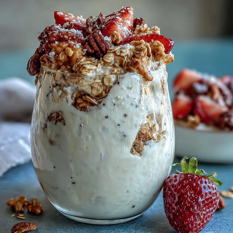 Nutritious strawberry overnight oats with chia seeds and granola, topped with juicy berries for a satisfying and colorful breakfast.
