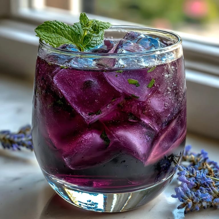 Elegant lavender lemonade garnished with mint sprigs and lemon slices, served over ice for a beautifully aromatic and thirst-quenching beverage.