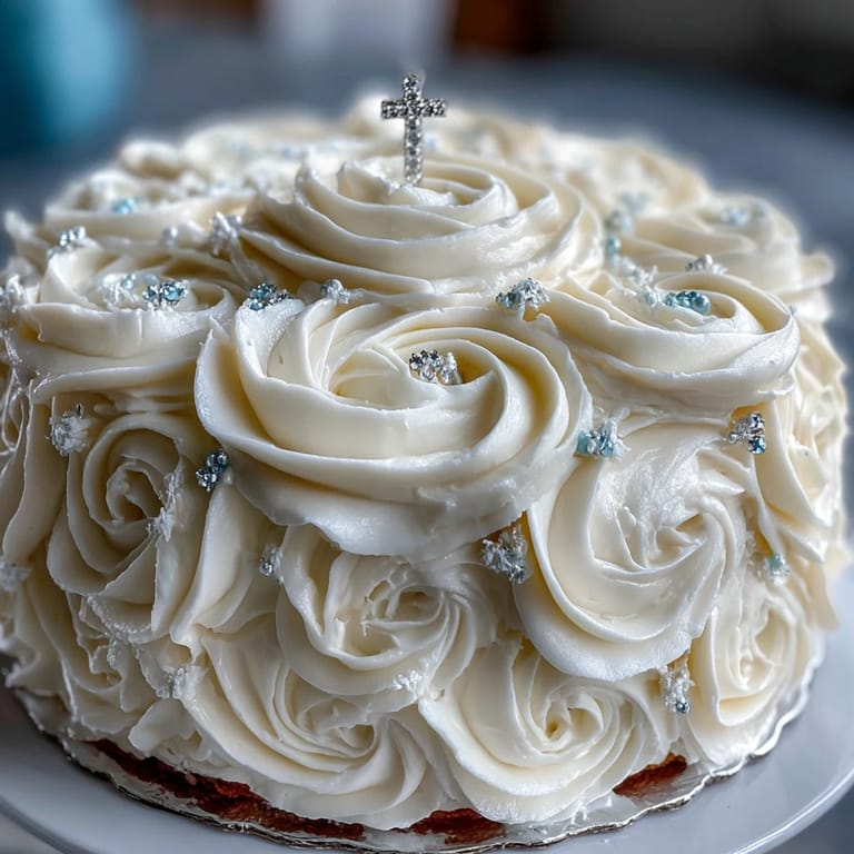 Delicate vanilla sponge cake decorated with buttercream, white fondant roses, and a cross centerpiece, ideal for First Communion ceremonies.