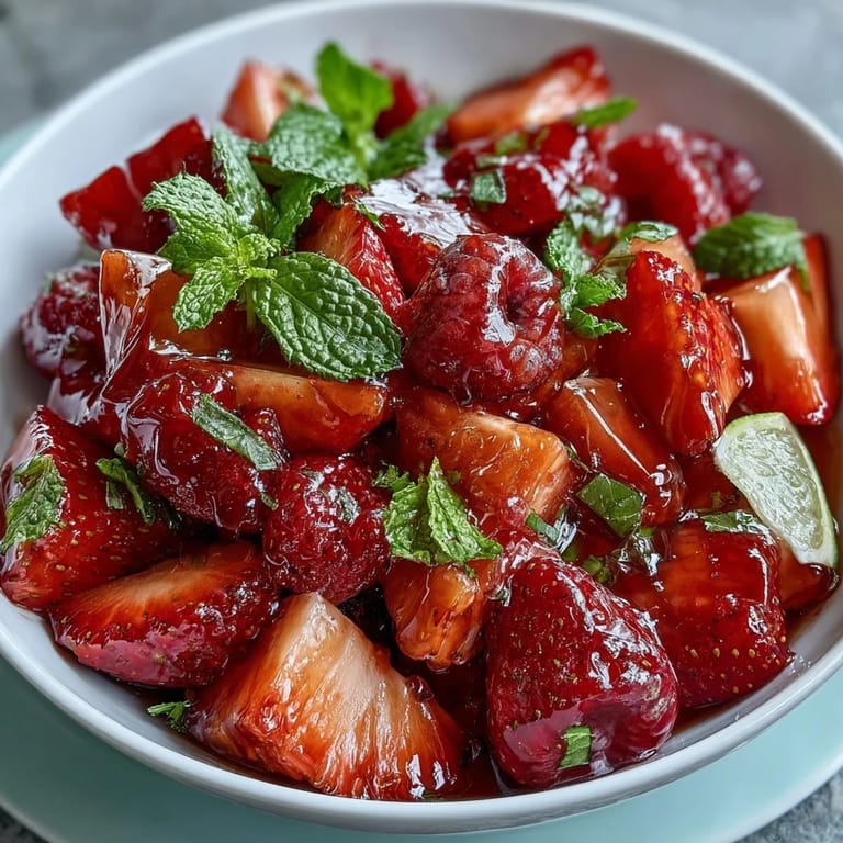 Colorful fruit salad featuring ripe strawberries, blueberries, and pineapple chunks, lightly coated in a bright lemon and honey dressing.