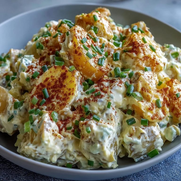 Tangy deviled egg potato salad featuring tender potatoes, crisp celery, and a zesty mustard-mayonnaise dressing for your next picnic.