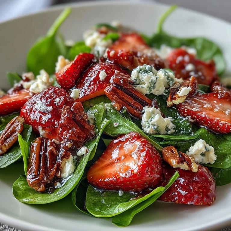 Bright and colorful spring strawberry spinach salad topped with juicy strawberries, crumbled goat cheese, and crunchy candied pecans, perfect for Easter or brunch.