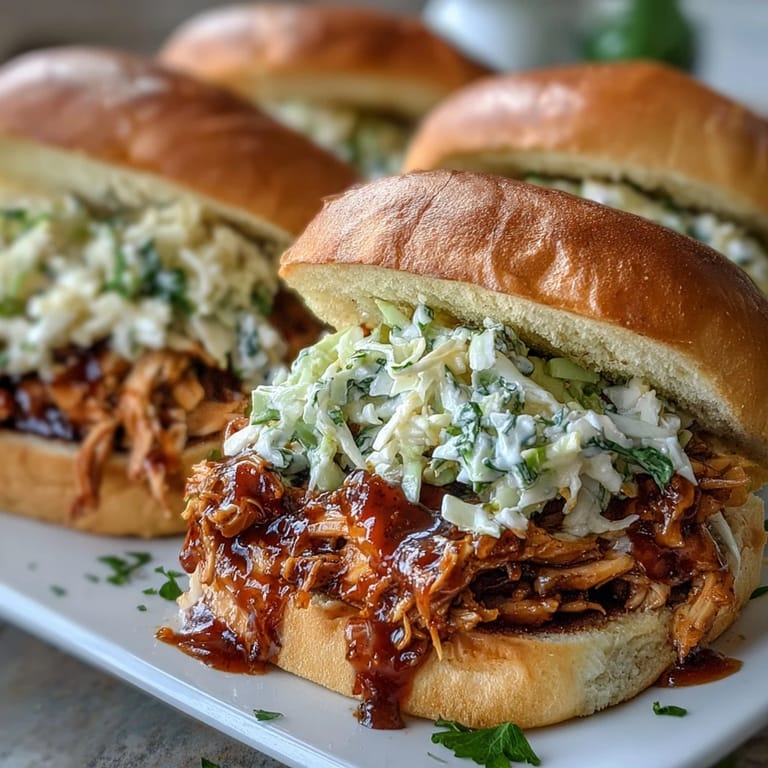 Smoky shredded chicken simmered in tangy barbecue sauce, ready for summer sandwiches.  