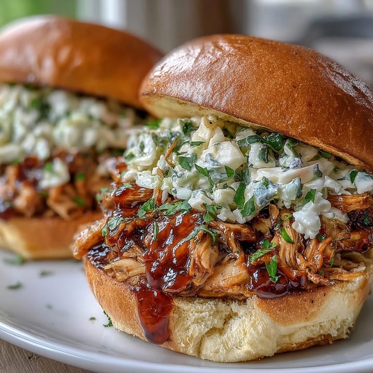 Slow-cooked BBQ chicken with creamy coleslaw, served hot on toasted sandwich buns.