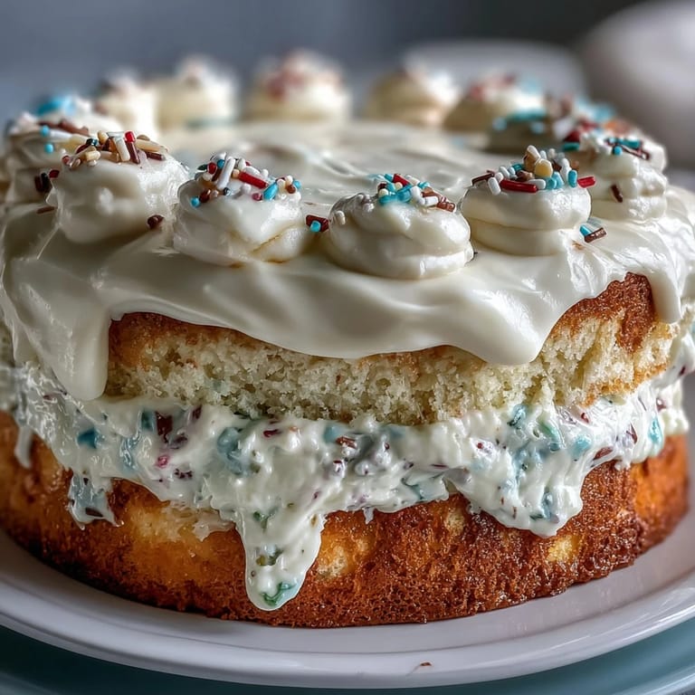 Glistening Funfetti Dip Cake topped with cheerful rainbow sprinkles, ready for parties.
