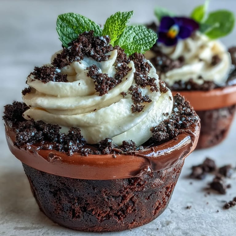Rich chocolate brownies topped with fluffy cream and crumbled Oreo dirt in festive pots.