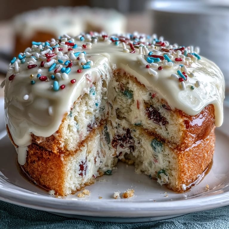 A vibrant slice of Spring Birthday Party Funfetti Dip Cake, bursting with flavor.