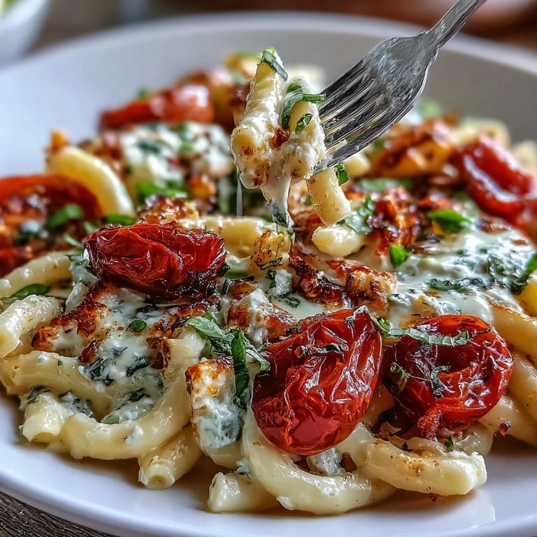 Vibrant Mediterranean baked feta pasta dish, perfectly blended for a satisfying meal.