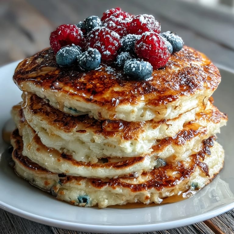 Fluffy Icelandic Skyr Pancakes featuring berries, a delicious high-protein breakfast.