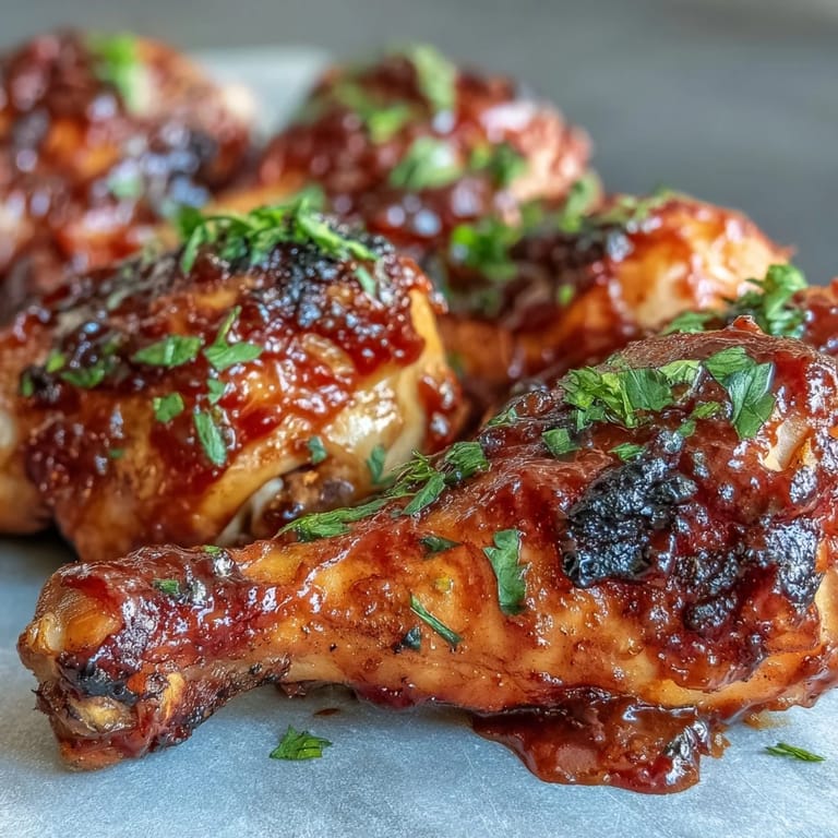 Smoky BBQ chicken drumsticks, glistening with sweet and spicy peach glaze, a summer favorite.