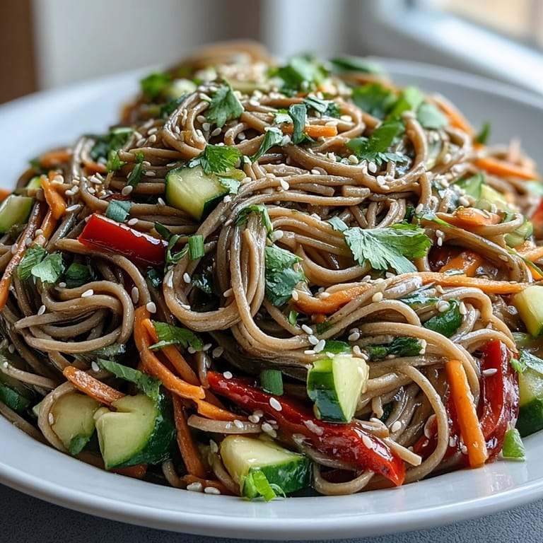 Juicy cold soba noodle salad with crisp vegetables, perfect for summer.