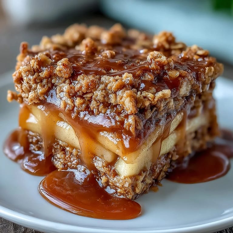 Warm Father's Day whiskey caramel apple crisp ready to serve with ice cream.