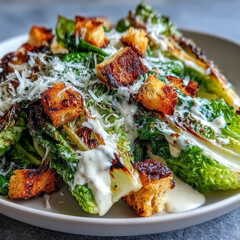 Delicious Grilled Caesar Salad featuring perfectly charred romaine leaves.