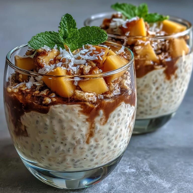 Healthy Icelandic Skyr chia pudding topped with jeweled mango pieces.