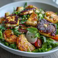 Crispy golden halloumi and vibrant blood orange slices rest atop fresh salad greens in this Halloumi Blood Orange Fattoush.