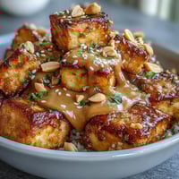 1. Vibrant Peanut Tofu Power Bowl with crispy tofu, colorful veggies, and creamy peanut sauce for a nourishing meal.  