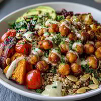 Vibrant Chickpea Power Bowl with roasted vegetables, spiced chickpeas, and creamy tahini sauce for a nourishing meal.  