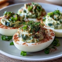 Fresh green avocado deviled eggs with creamy filling, garnished with herbs for spring parties.  
