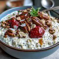 Healthy Easy Overnight Oats with Strawberry and Chia in a glass jar, topped with fresh berries and crunchy nuts.