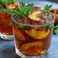Refreshing mango peach iced tea with mint, served over ice with vibrant fruit slices and fresh mint sprigs.