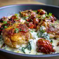 Creamy Tuscan Chicken Skillet with tender chicken in a rich garlic cream sauce, sun-dried tomatoes, and fresh spinach.