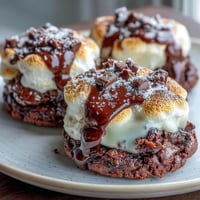 Gooey smores brownie mix cookies topped with toasted marshmallow and chocolate chips, perfect for dessert lovers.